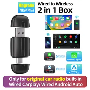 2-In-1 Wired To Wireless Wireless Carplay Android Auto Adapter USB Type-C Dual Ports Plug & Play Bluetooth-compatible Mini Box Compatible with Volvo Mercedes Kia Bmw