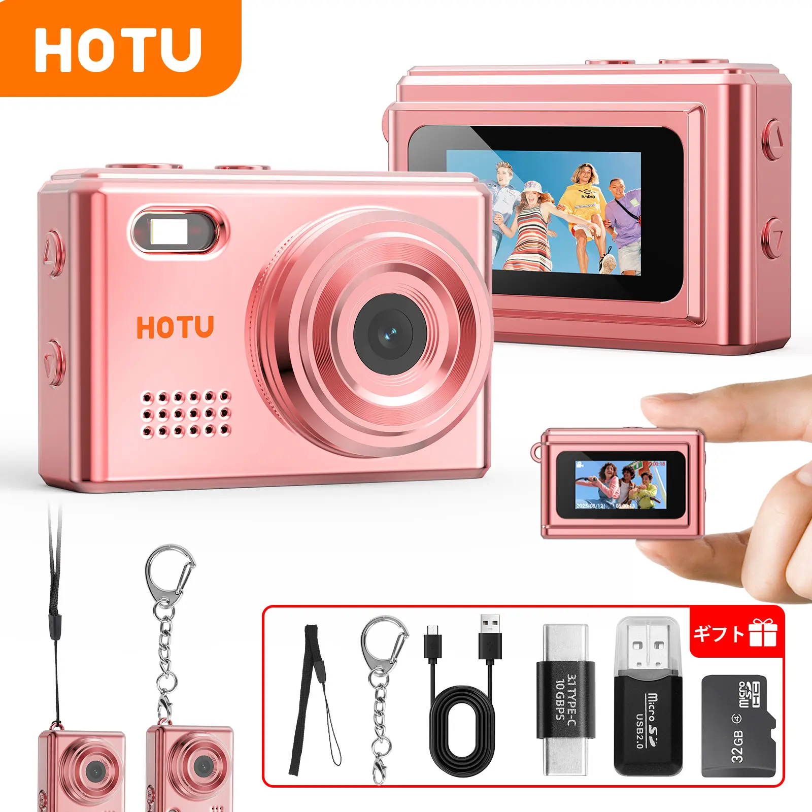 HOTU Mini Keychain Digital Camera – Y2K Pocket-Size Camera 1080P HD with 1MP Lens, Flash & 0.96" Screen, 32G Card & Charging Cable Included, Retro Vlog Camera for Travel, Concerts, Kids & Instant Party, Sparkling Rose Gold