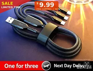 240W 3-in-1 Fast Charging Cable, 6ft Braided, USB-C + Lightning + Micro USB, Compatible with iPhone, Samsung, Android Devices