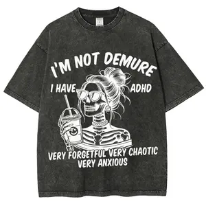 Women's Short-Sleeve Casual Round Neck ADHD Skeleton T-Shirt - "I’m Not Demure" Print, Forgetful, Chaotic, Anxious Relatable Vibe, Father's Day Gift t0413