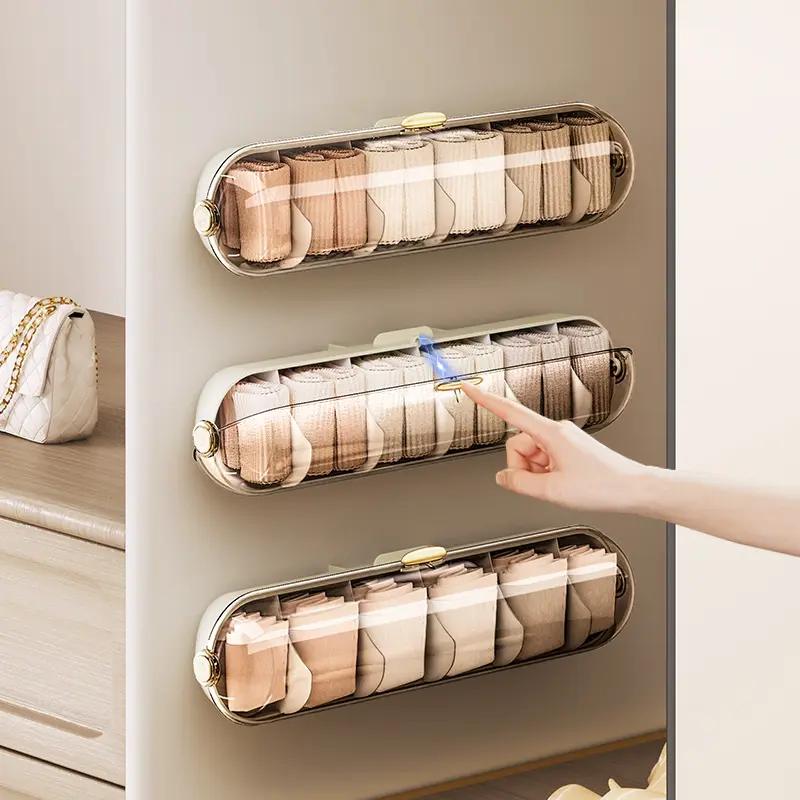 Glam ABS Sock & Underwear Organiser - Cream White-Transparent Black No-Drill Wall-Mounted 1L Home Supplies Dustproof Storage Box for Bedroom Wardrobe