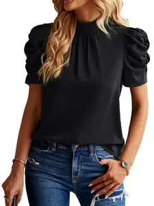 BTFBM Women's Summer Shirt Top Ruffle Shortsleeve Frill Trim Mock Neck 2026 Casual Blouses Shirts