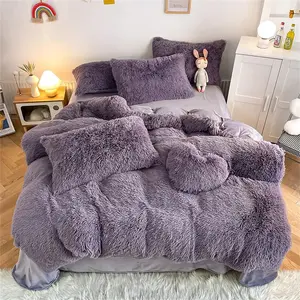 Faux Fur Plush Purple Comforter Sets King - Ultra Shaggy Flannel Velvet Fluffy Fuzzy 3PC (Comforter x 1 Pillowcases x 2)