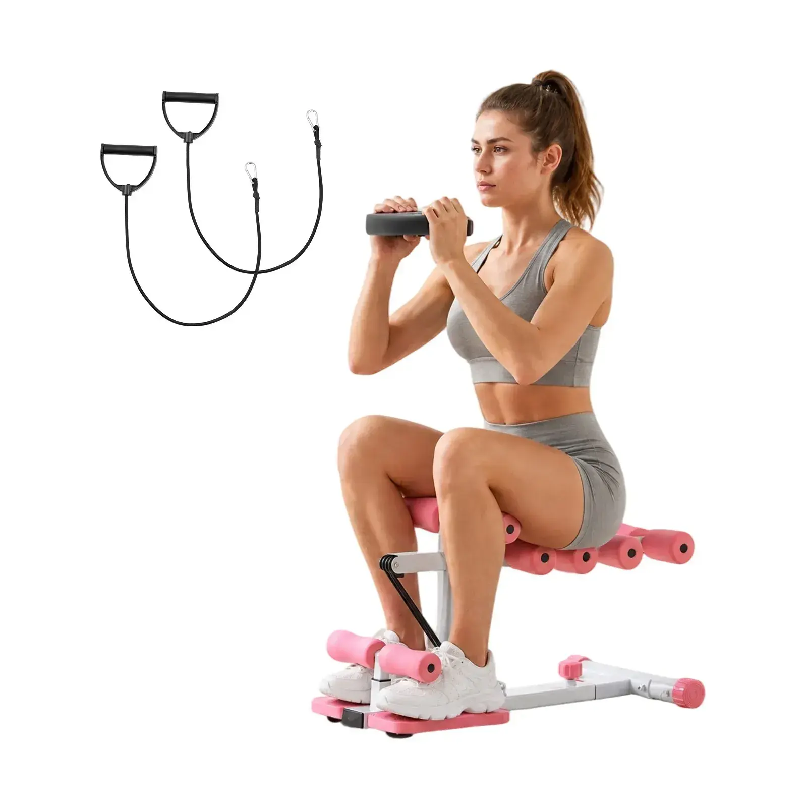 Adjustable Deep Squat Machine, Folding Core Leg & Glutes Workout Trainer, Low-Impact Foam Roller Squat Exercise Equipment with 3 High-Strength Resistance Bands, Tool-Free 2-Level Adjustable Seat, 300LBS Q235 Steel Frame Compact Trainer for Home Gym Rehab
