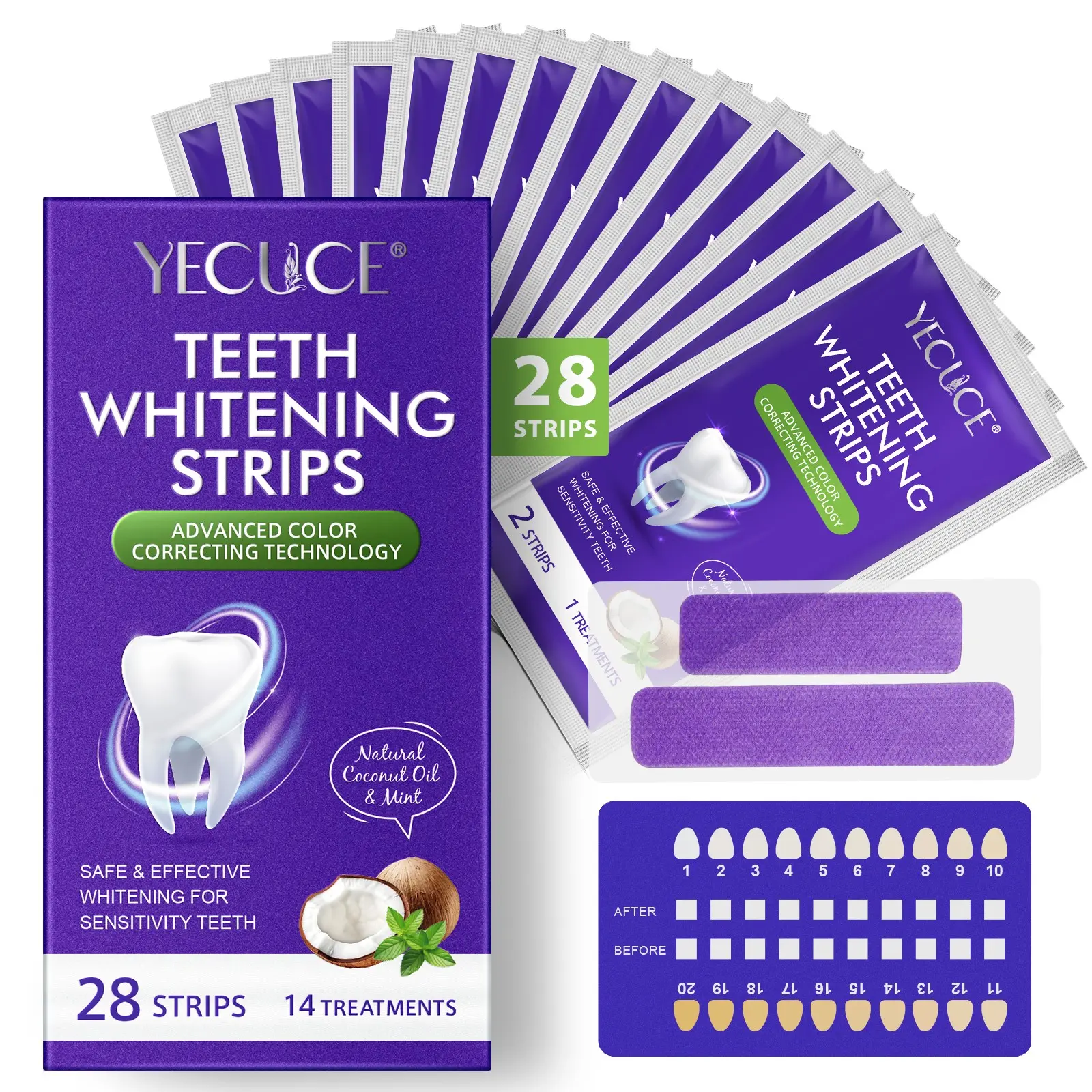 YECUCE Purple Tooth Stickers, 14 pcs Whitening Teeth Strips, Teeth Brightener Strips, Teeth-Care Purple Tooth Stickers that Help Neutralize Yellow Teeth and Brighten Your Smile, Suitable for Use After Meals and Before Dates, For Adult Use Only