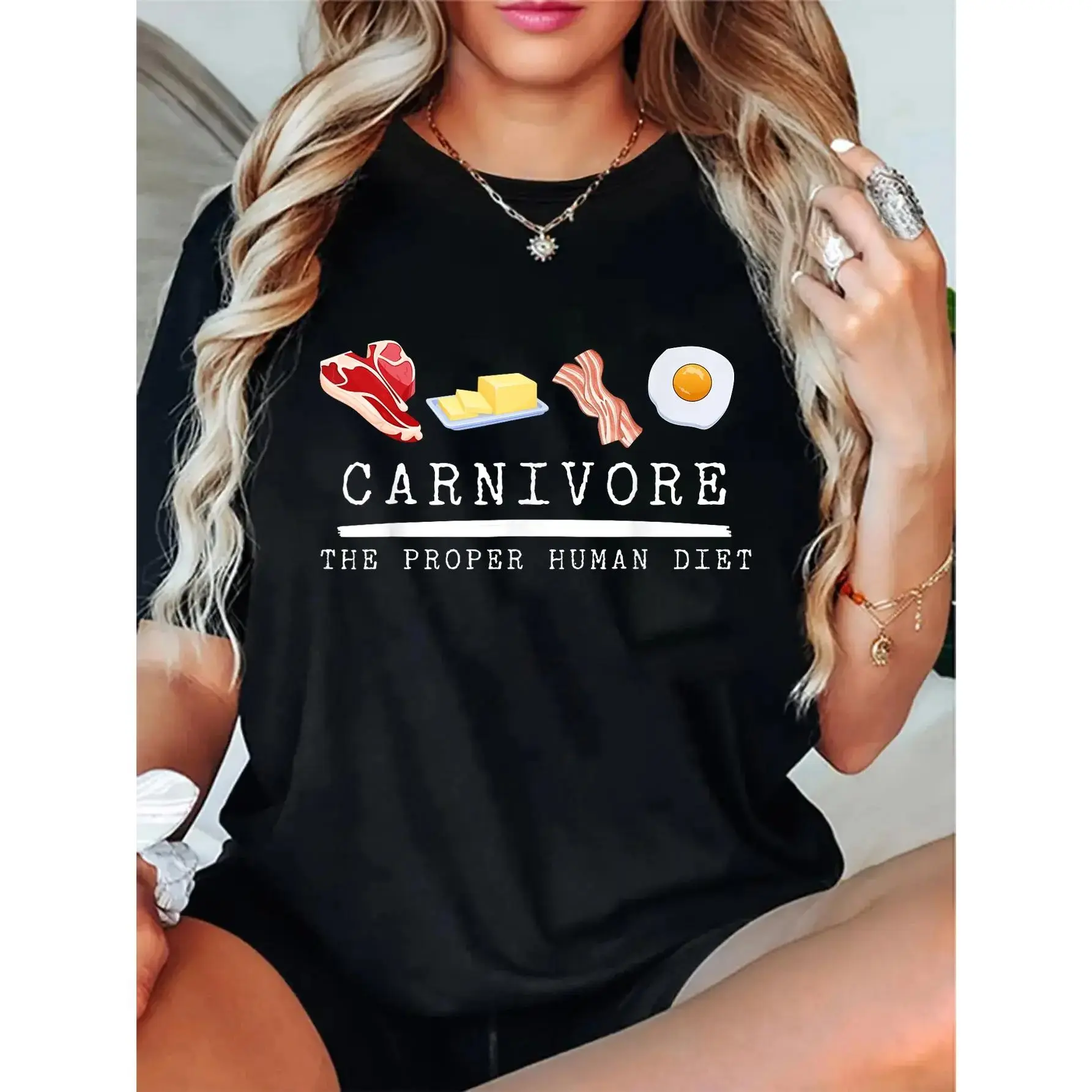 Women's Short-Sleeve Round-Neck Casual T-Shirt, Unisex Carnivore The Proper Human Diet Beef Butter Bacon Eggs Graphic Top, Shortsleeve