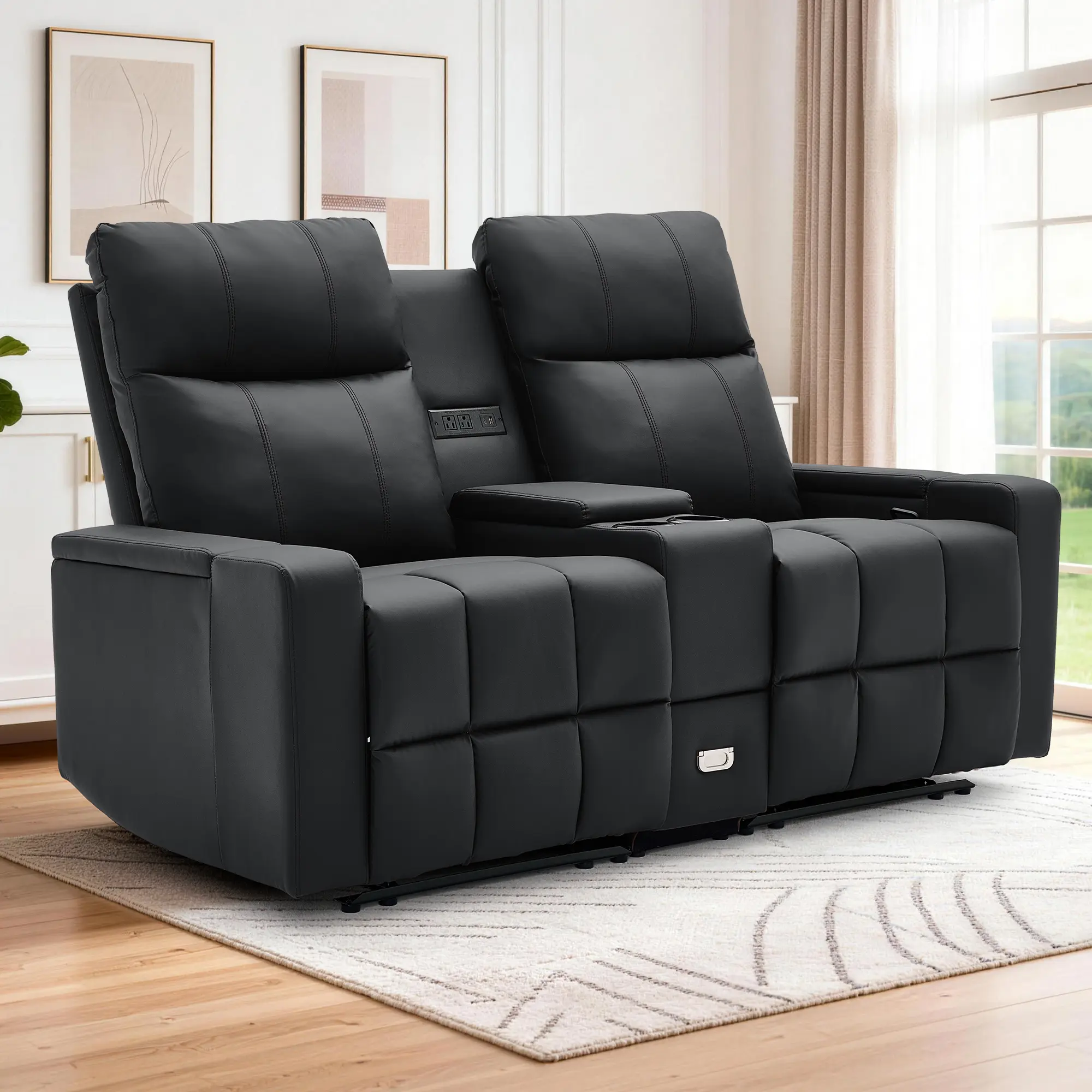 Korser Oversized Reclining Loveseat - 2-Seater Faux Leather Recliner with Cup Holders, USB Type-C Ports, Comfortable Stylish Design for Living Room, Modern Sofas Couches