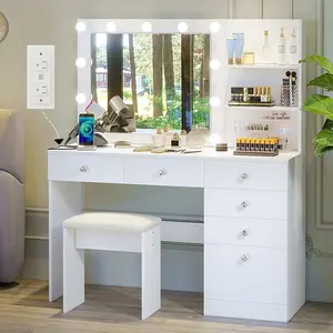 VOWNER 47in Modern Wood Makeup Dressing Desk (Vanity Desk) with LED Vanity Mirror with Light, 3-Color Lighting, Outlet, Storage Shelves, 6 Drawers & Stool for Bedroom, White