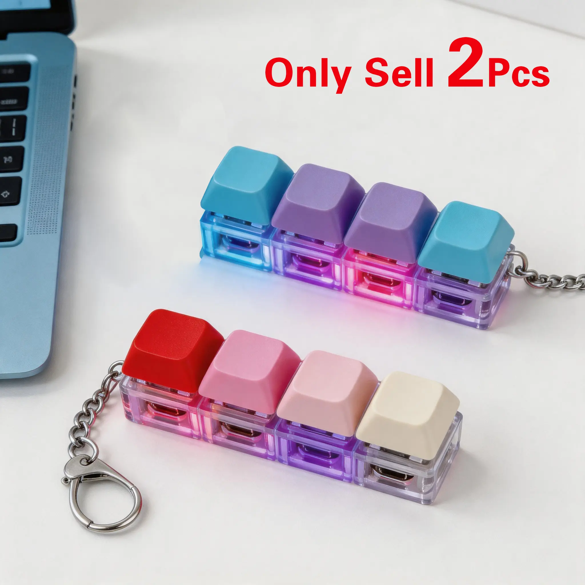 2 Pcs 4-in-1 Light-Up Mechanical Keyboard Keychain Fidget Clicker Cube, Removable Keycaps Stress Relief Gadgets, Fidget Stress Reliever Sensory Gift for Car Interior Decoration & Office Use