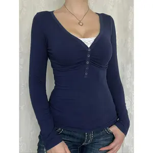 Comfortable Casual Lace Patchwork Button Front Ruched Fitted Long Sleeve T-Shirt, Y2K Style, Spring & Fall, Plain Pattern