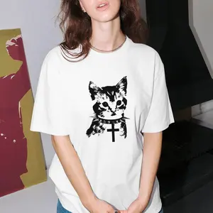 Men's Vintage Punk Cat Cross MEME Oversize Breathable Round Neck Short-Sleeve Light Cotton Streetwear Top, Unisex-Fit Casual Everyday T-shirt