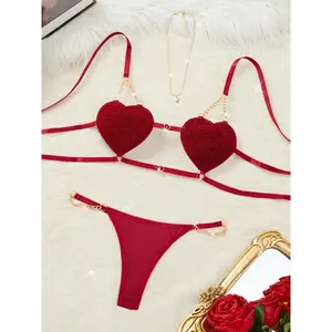 2pcs Women'S Sexy Lingerie Set, Heart Double Strap Bra with Golden Chain & Elegant Thong, Polyester 100% Knit Fabric, Medium Support,Black Bridal Sparkle Red