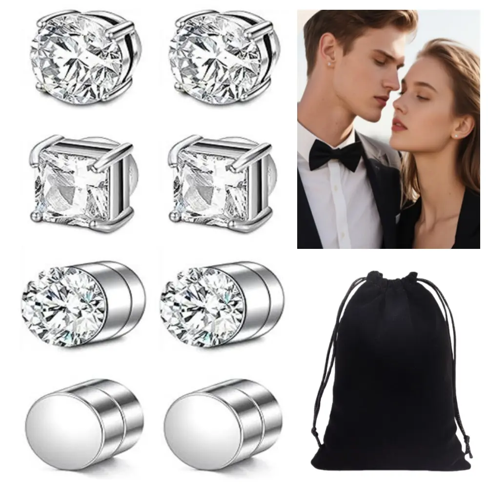 4 pairs Magnetic Earrings Hypoallergenic Fake Earring Shiny Cubic Zirconia Stud Earrings Non Pierced Silver Ear Cuff for Sensitive Ear