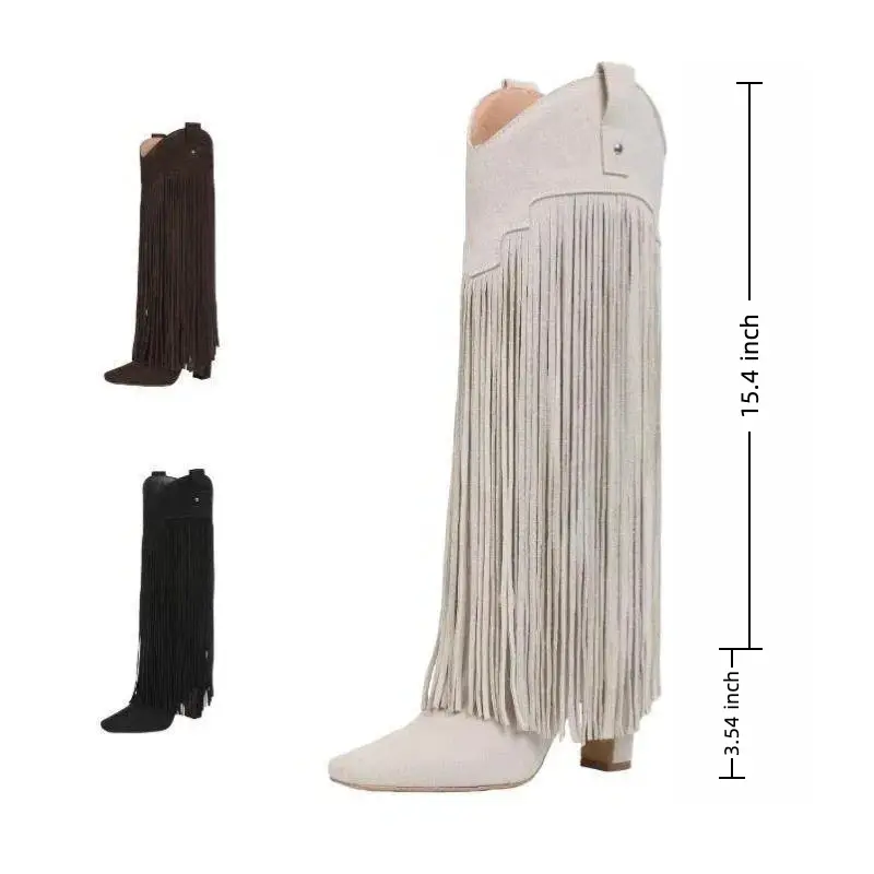 Women's Pointed Toe Block Heel Knee High Boots, Chunky Heel Cowboy Boho Western Gothic Grunge Y2K Retro V-Notch Tassel Boots, Wide Calf Available