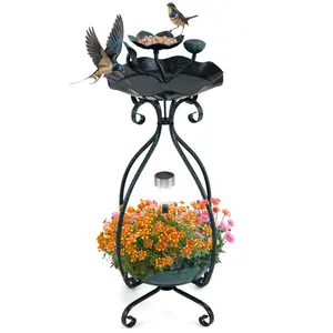 Solar-Powered Bird Bath & Feeder Combo - Dark Green Pedestal with Flower Planter & LED Lights for Yard & Garden Decor