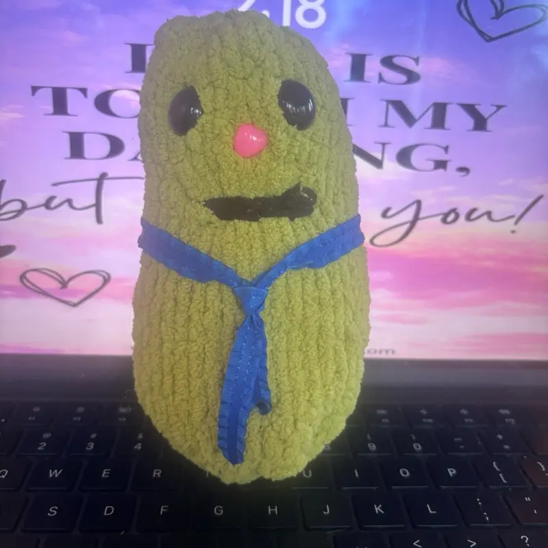 Stuffed Pickle Plushie with Blue Ribbon - Soft and Cute Toy