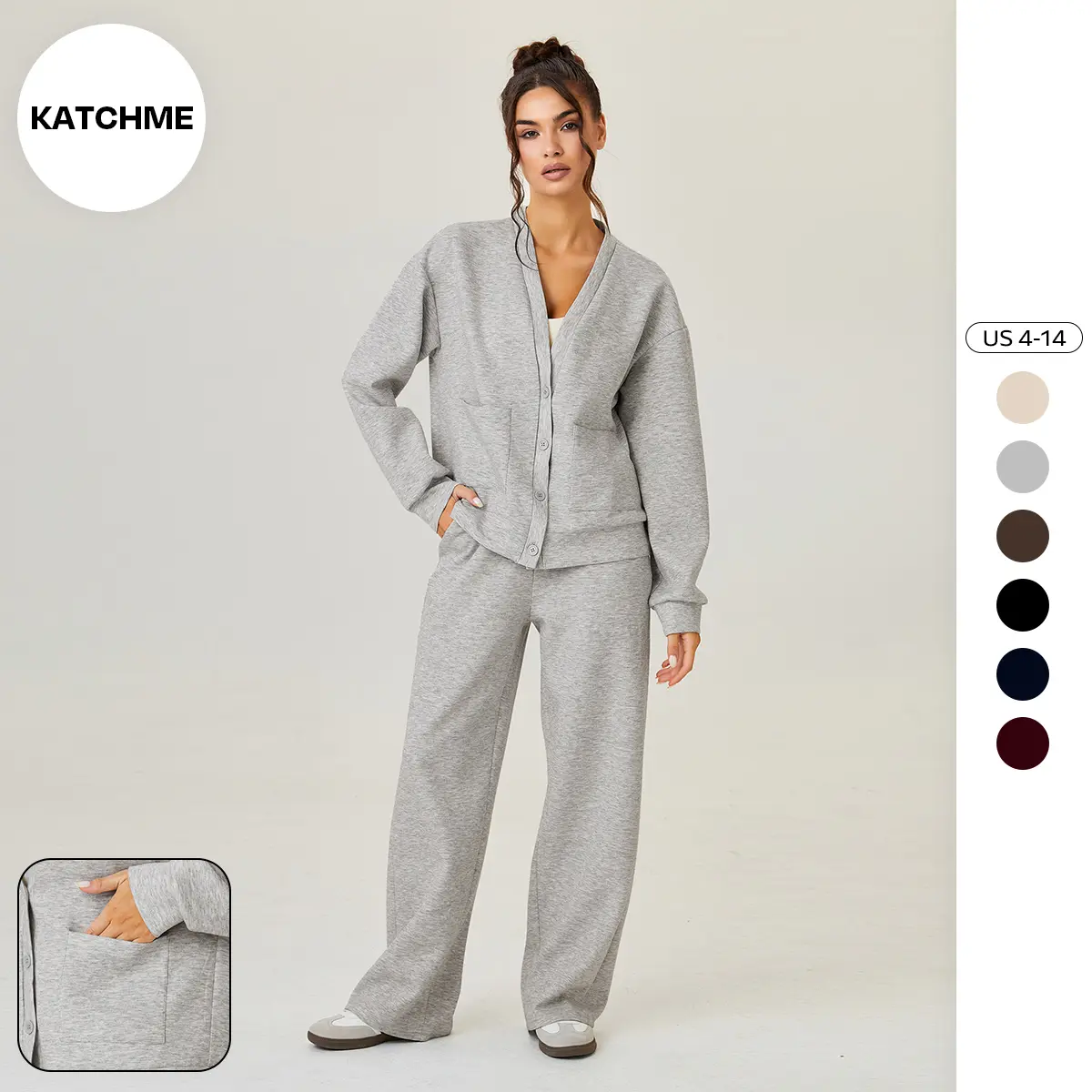 KatchMe Women's Slouchy Solid Color V Neck Long Sleeve Button Cardigan & Drawstring Waist Trousers Co-ord, Soft Two Piece Sets for Fall & Winter