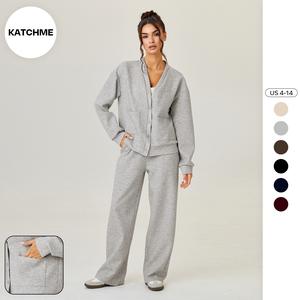 KatchMe Women's Slouchy Solid Color V Neck Long Sleeve Button Cardigan & Drawstring Waist Trousers Co-ord, Soft Two Piece Sets for Fall & Winter