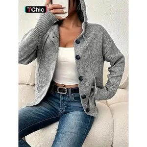 Women's Plain Button Front Drawstring Hooded Cardigan, Casual Drop Shoulder Long Sleeve Knitwear for Fall & Winter, Women's Knit Clothing for Daily Wear, Women Fall Outfit, Women Winter Sweater, Autumn Outerwear for Women
