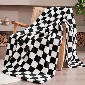 Black Checkered Throw Blanket, Soft Plush Microfiber Fleece Blanket for Couch Sofa Bed, Cozy Decorative  Blanket,  Season, 50x60 Inches