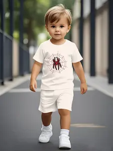 Cute Spider-Man web print baby short-sleeve set, casual kids' wear for babies, T-shirt suitable for daily and outdoor sports, made of 100% polyester, a perfect gift for infants!