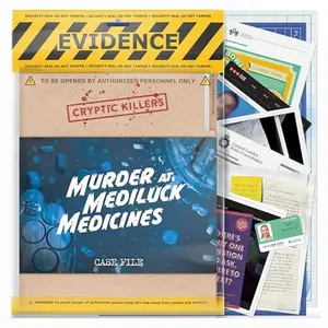 Cryptic Killers- Murder at Mediluck Medicines Unsolved Murder Mystery Game - Cold Case Files