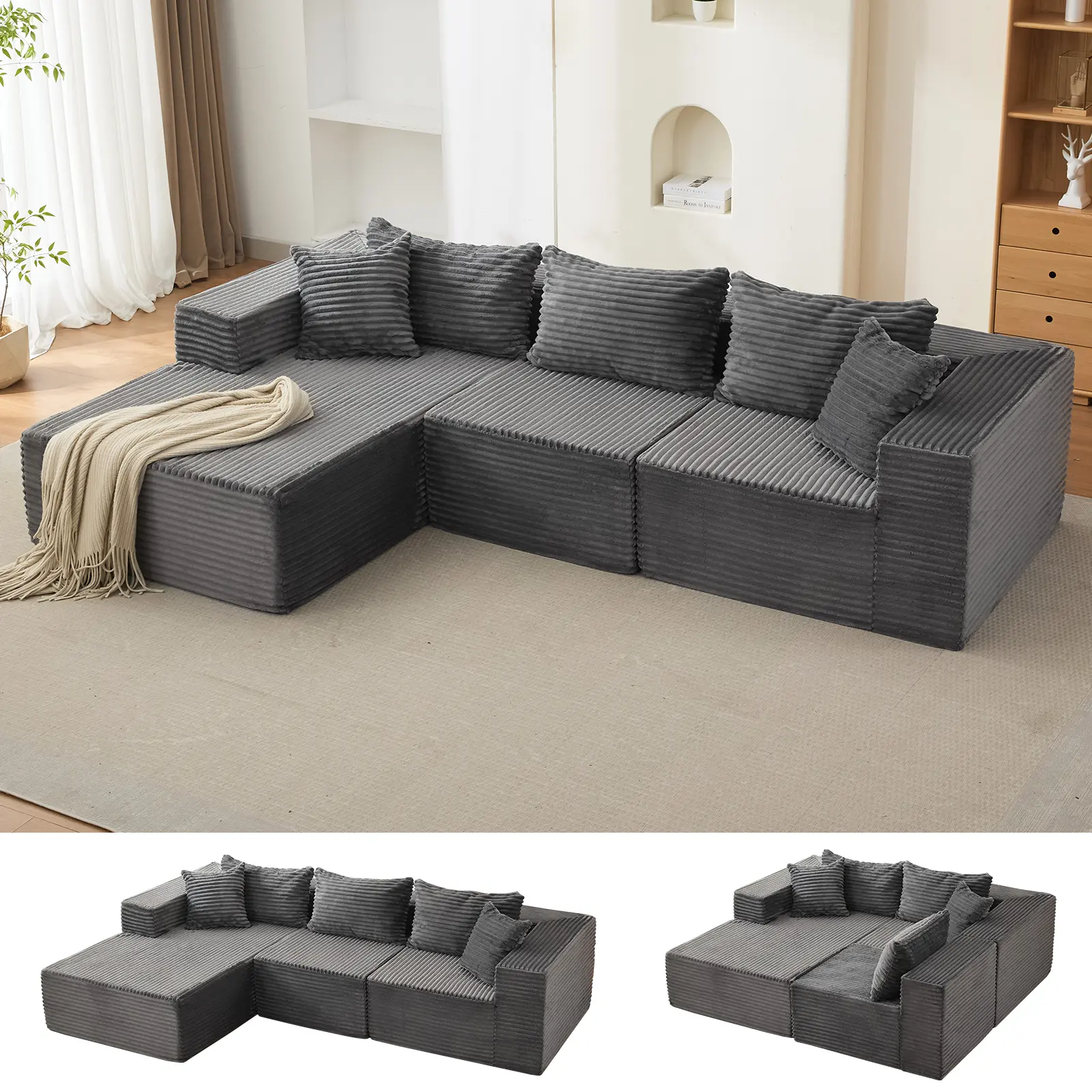 Soft Gray Cloud Sectional Sofa - 106" Modular L-Shaped Couch with Chaise - Comfortable Deep Seat, Cozy No-Assembly Design for Living Room - Modern Upholstered Couch Bed