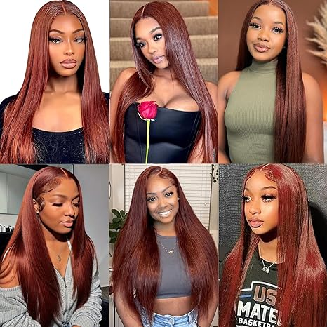 13x6 Reddish Brown Bone Straight Front Human Hair Wig For Women 150% Density Transparent Lace Frontal Wigs Pre Plucked
