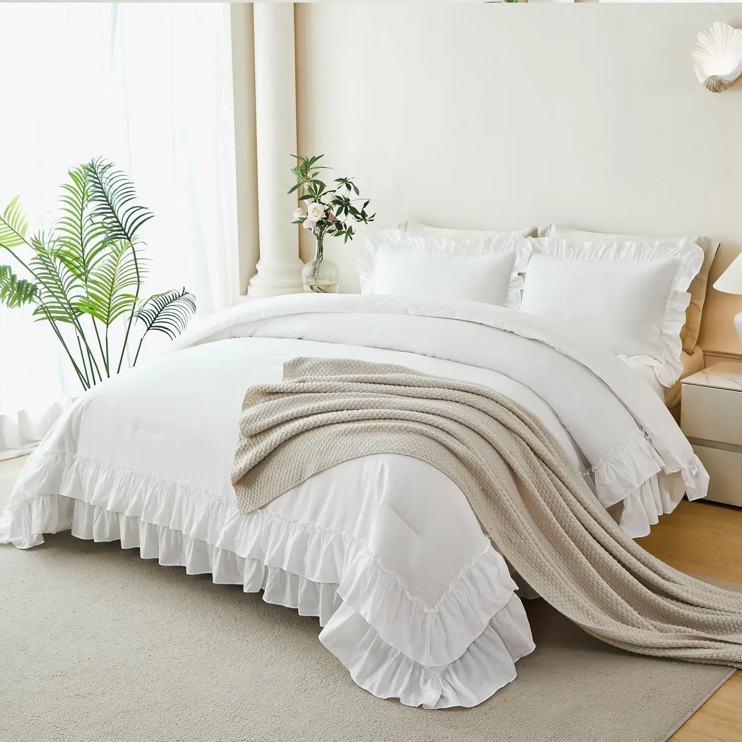 5 count White Ruffle Comforter Set  Size Double-Layer Ruffled Bedding Sets Solid Lightweight  Bed in A Bag Soft Shabby Chic Bed Sets for  Season(White )