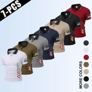 Men’s 7-pack American flag polo shirts, printed polo shirts, golf casual tops, breathable short sleeves, suitable for business casual wear and everyday outfits, patriotic color-block mesh polo shirts for Independence Day summer styling.