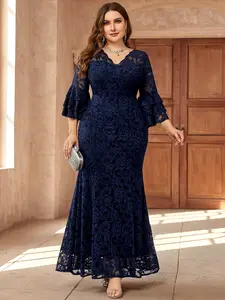 【Plus Size】Missmay YP83059 Women's Plus Size Comfort Floral Lace V neck Ruffle Flare Sleeve V Neck Mermaid Hem Formal Wear Party Maxi Dress