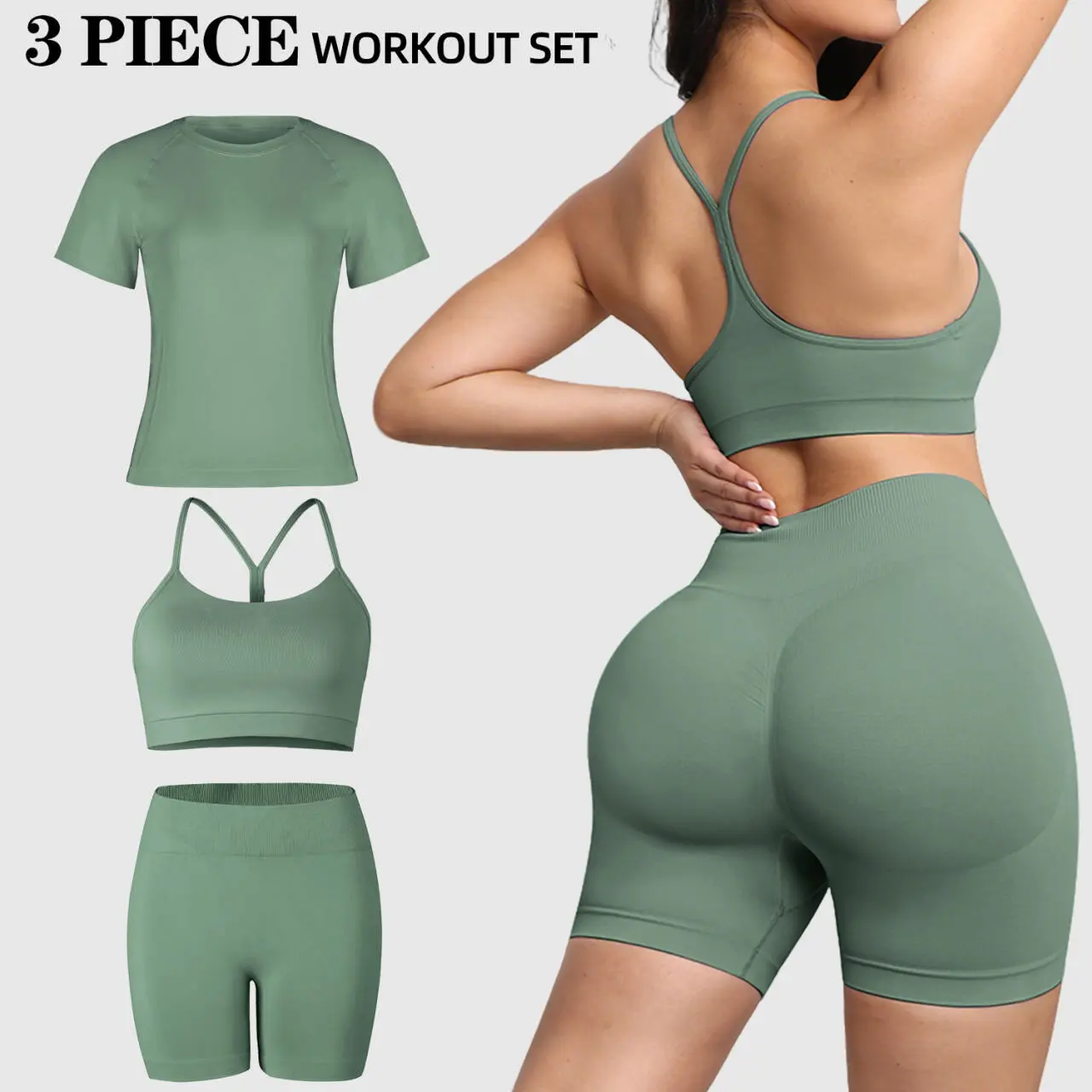 CHRLEISURE 3 Piece Workout Sets for Women Butt Lifting Shorts Gym Quick Drying Short Sleeved Top Removable Sports Vest Chest Pad