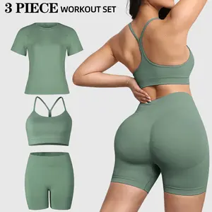 CHRLEISURE 3 Piece Workout Sets for Women Butt Lifting Shorts Gym Quick Drying Short Sleeved Top Removable Sports Vest Chest Pad