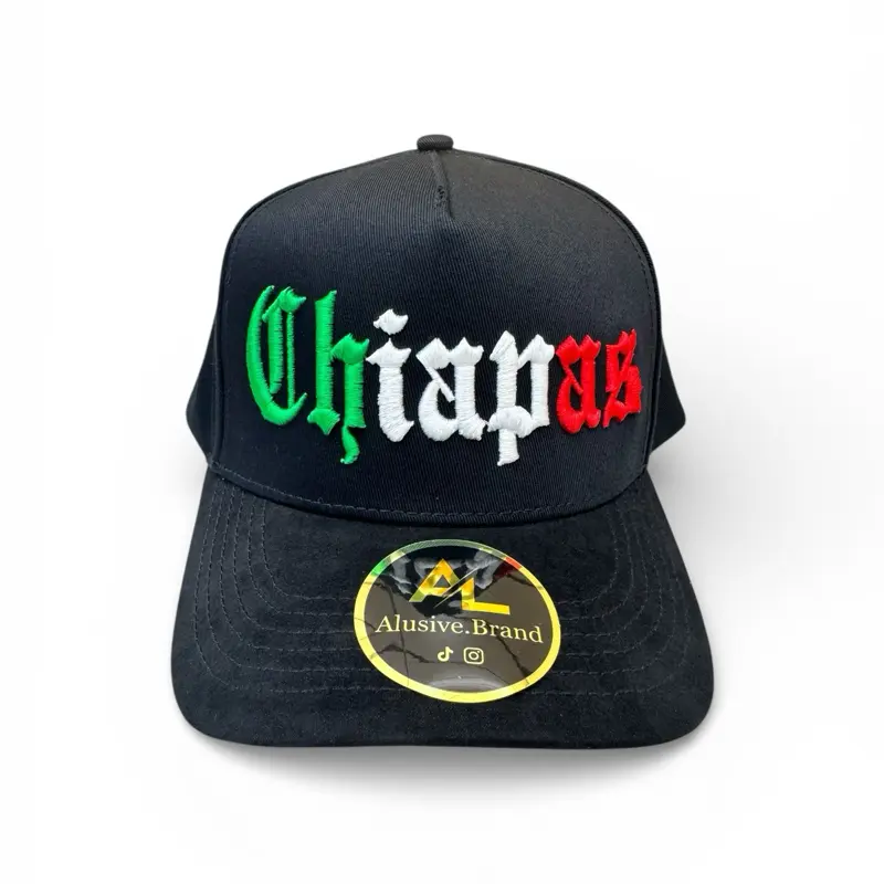 Alusive.Brand Chiapas Tricolor Hat - Black with Green White and Red Embroidery - Adjustable Snapback Cap for Men and Women