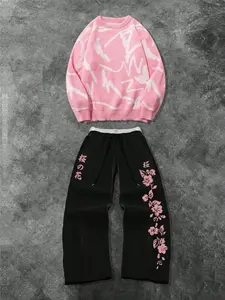 Men's Casual 2-Piece Set with Soft Comfortable Round Neck Sweater and Floral Print Wide Leg Pants, Perfect for Spring & Fall Home and Outings