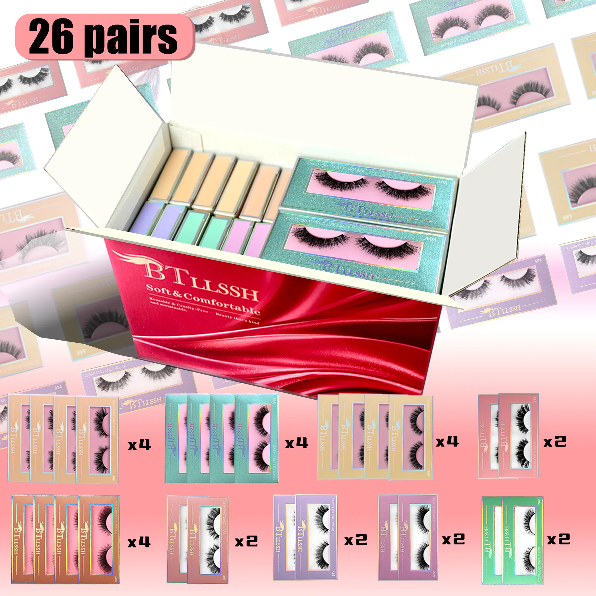 26 Pairs Complete False Eyelashes Btllssh, Eyelashes Makeup Cosmetic, Cosmetic False Lashes, 9 Styles, Thin Long Fluffy Natural Short Lashes, Solid Form, No Flammable Liquid