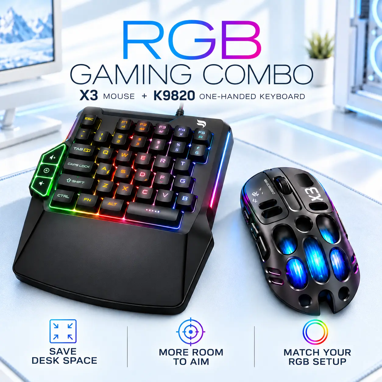 T-WOLF X3 Tri-Mode Gaming Mouse & K9820 One-Handed RGB Gaming Keyboard Combo, 35-Key Wired Keypad with Wrist Rest, Compact PC Gaming Setup