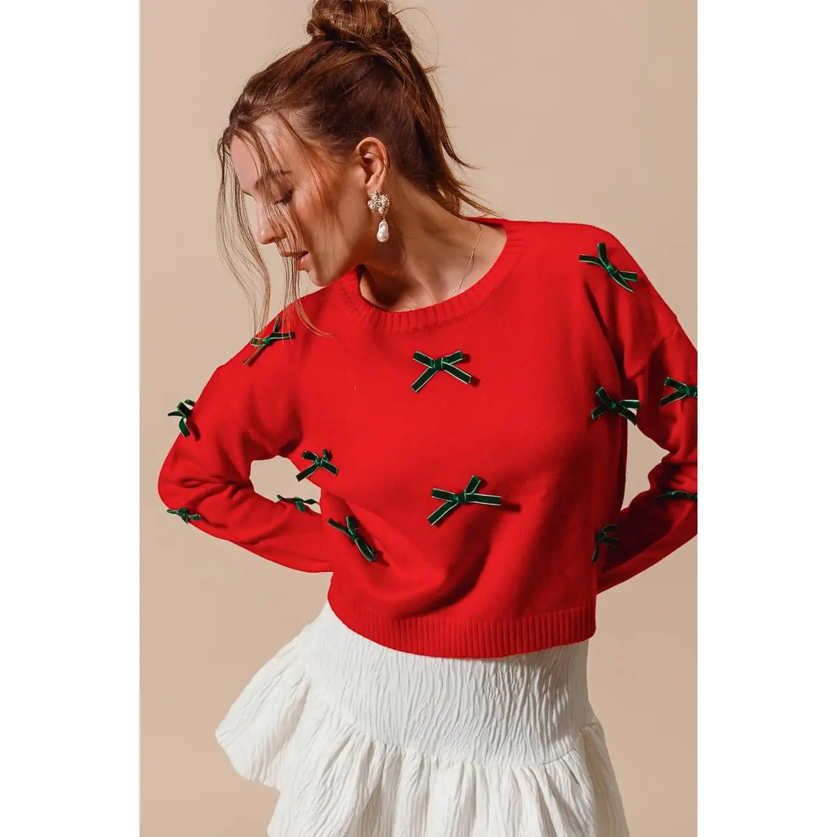 SO ME Ribbon Bow Applique Sweater - Red Long Sleeve Crew Neck Fitted Knitwear for Women Winter Casual Chic Style