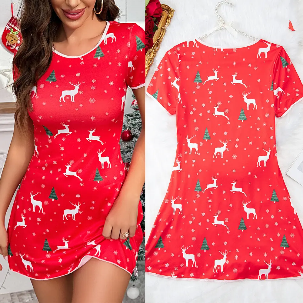 Women's Soft Comfortable Fabric Christmas Nightgown - Lady's Sleepshirt Nightie Costume Red Pajamas Dress, Fashion, Smooth, Loungewear