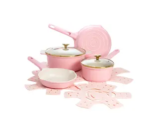 Clean Ceramic Nonstick Cast Aluminum Cookware Set with Heart Shaped Lid Knobs, Pink