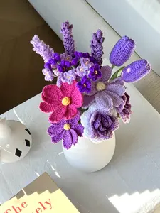 13-Piece Handmade Knitted Rose Cotton Yarn Crochet Bouquet - Lifelike Artificial Flower, Lavender, Babysbreath, Galsang Plants, Included Card (No Vase), Decorative Home Decor Gift for Mom, Anniversary