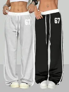 Two-Piece Women's Casual Spring/summer Digital Print Belt Patchwork Sporty Street Retro Style Lazy Sports Pants Digital Print Sweatpants