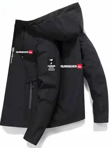 Men's Lightweight Hooded Baseball Jacket with Logo Print, Zipper Pockets, Casual Outerwear for Hiking Spring Fall Outdoor Wear, Sport Jacket