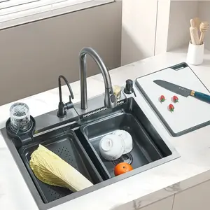 304 Stainless Steel Waterfall Kitchen Sink Large Single Slot Integrated 60x45cm Faucet Set with Soap Dispenser Pure Water Cup Washer for Hotels Restaurants Homes