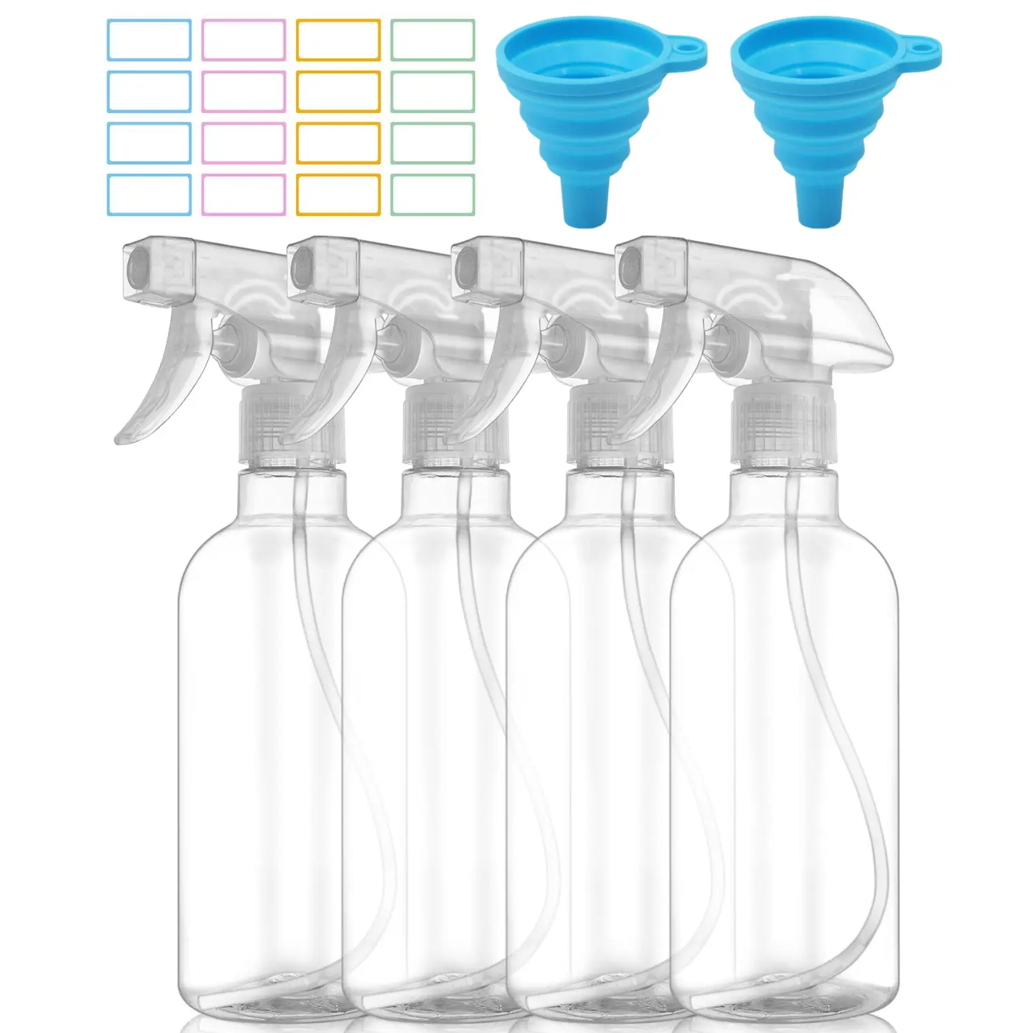 4 Pack Empty Plastic Spray Bottles with 2 Funnels, Adjustable Nozzle Mist & Stream Spraying Bottle, Refillable Clear Trigger Sprayer for Cleaning Solutions, Gardening, Hair Care, Home Kitchen Use