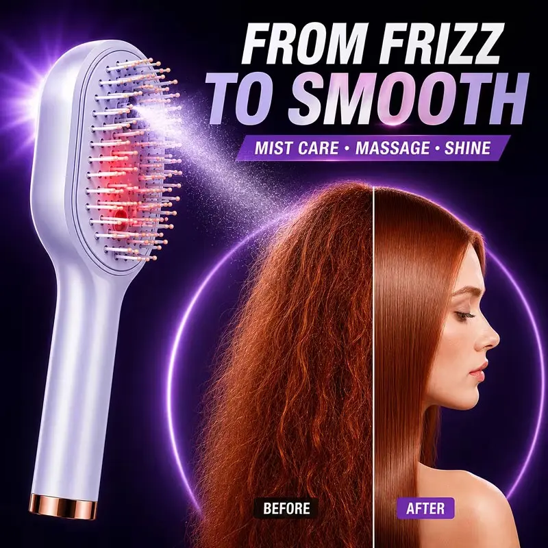 Portable Electric Scalp Massager Comb Tool - Retractable Teeth, Nano Hydration Mist Boost, Soft Air-Cushion Round Teeth, Static-Free Dirt Removal, Smoothes Hair, for All Hair Types, Home/Travel Use