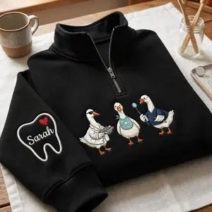 [MADE IN US] Dentist Goose Embroidered Quarter Zip Sweatshirt, Custom Name Sleeve Dental Shirt, Cute Mama Dentist Gift, Dental Hygienist Gift