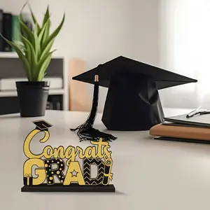 2D Graduation Table Sign, and, Wooden Base, Centerpiece Decor, Suitable for Desk Shelf, Fireplace Shelf, Party Supplies