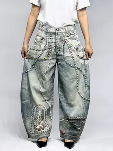Lux Lee 3D Digital Print Baggy Barrel Jeans - Vintage Lace & Bead Chain Graphic, Washed Denim With Mottled Effect, Flattering Silhouette Hides Leg Flaws, High-Definition Non-Fading Print, Retro Romantic Street Style Ripped Skinny Fit Streetwear