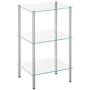 HOOBRO Tempered Glass Side Table for Bathroom, Bedroom, Home Office, Steel Frame Durable Glass Shelf, 3 Tier Standing Shelf Unit,  Space-Saving, Silver#springtok